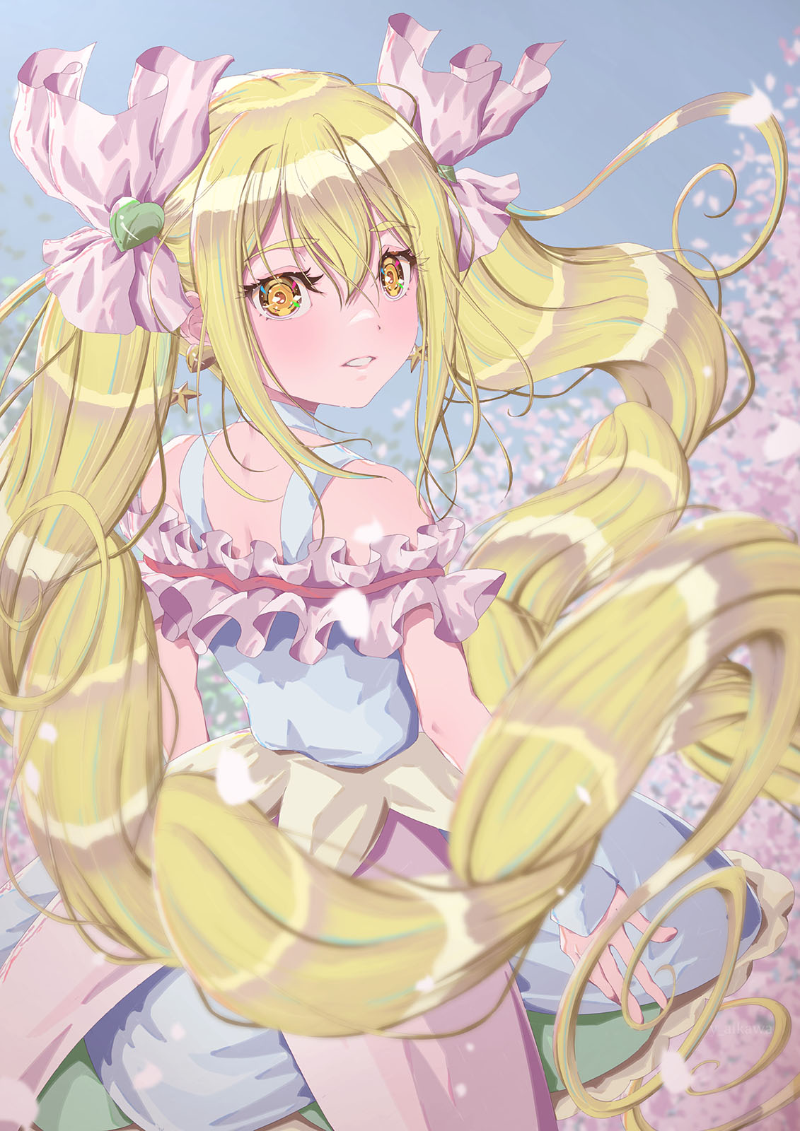 1girl aikawa_yousuke blonde_hair blush cherry_blossoms choker cure_echo detached_sleeves dress earrings gloves half_gloves highres jewelry long_hair magical_girl open_mouth precure precure_all_stars precure_all_stars_new_stage:_mirai_no_tomodachi sakagami_ayumi solo star_(symbol) star_earrings twintails white_choker white_dress white_gloves yellow_eyes