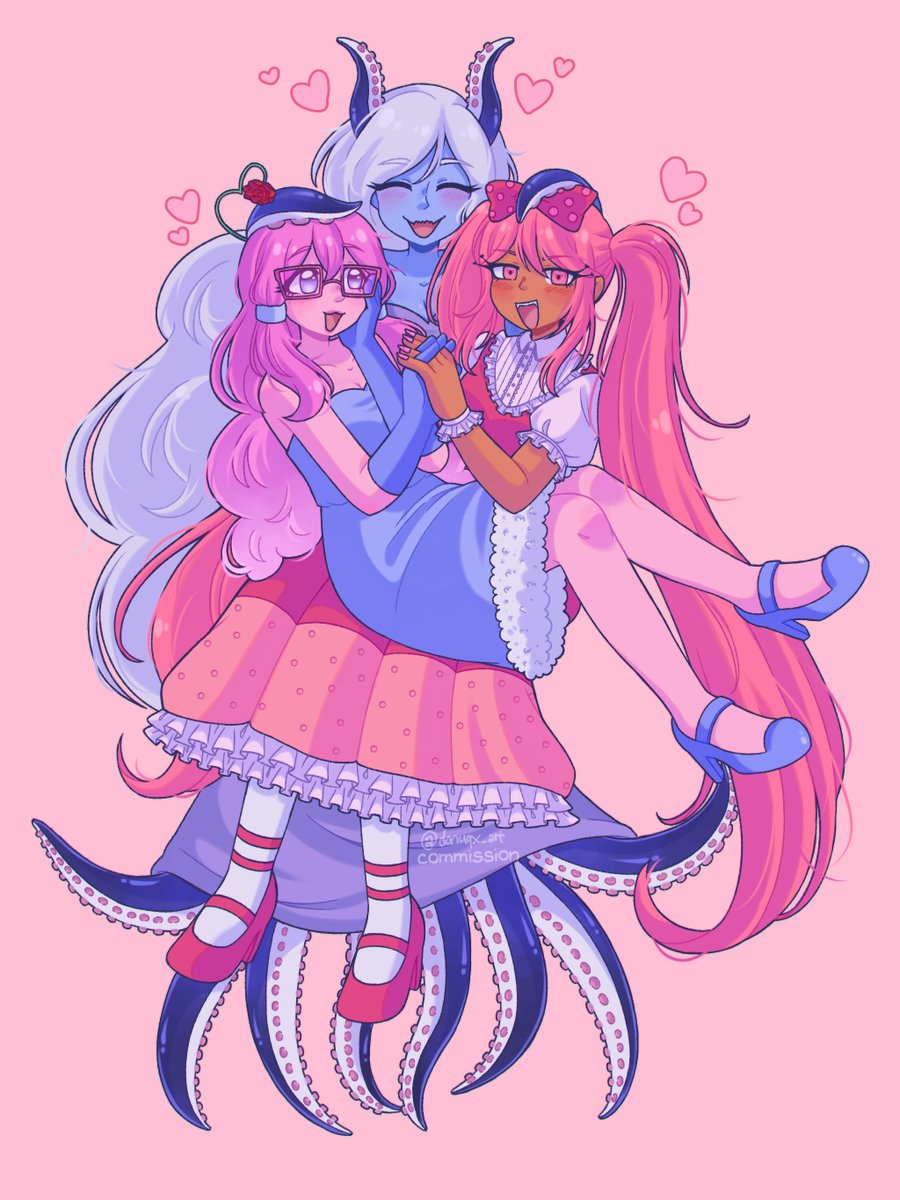 3girls :d ;3 ^_^ absurdly_long_hair blue_dress blue_shoes blue_skin bow breasts cleavage closed_eyes collared_shirt colored_skin commentary commission dark-skinned_female dark_skin donuqx double-parted_bangs dress english_commentary fangs flower frilled_sleeves frilled_wrist_cuffs frills full_body fur-trimmed_dress fur_trim glasses grey_hair hair_between_eyes hair_bow hand_on_another&#039;s_head hand_on_own_cheek hand_on_own_face heart high_heels highres holding_hands interlocked_fingers knees_together_feet_apart long_dress long_hair medium_dress molly_(omori) monster_girl multiple_girls nail_polish no_pupils omori one_eye_closed open_mouth original pantyhose petticoat pink-framed_eyewear pink_background pink_bow pink_dress pink_eyes pink_hair pink_nails pink_shoes pink_skin polka_dot polka_dot_bow puffy_short_sleeves puffy_sleeves purple_eyes rectangular_eyewear red_flower red_rose rose scylla shirt shoes short_sleeves simple_background sitting sitting_on_lap sitting_on_person sleeveless sleeveless_dress smile strapless strapless_dress sweetheart_(omori) tentacle_arm tentacle_hair tentacles tongue twintails very_long_hair watermark white_pantyhose white_wrist_cuffs wrist_cuffs yuri