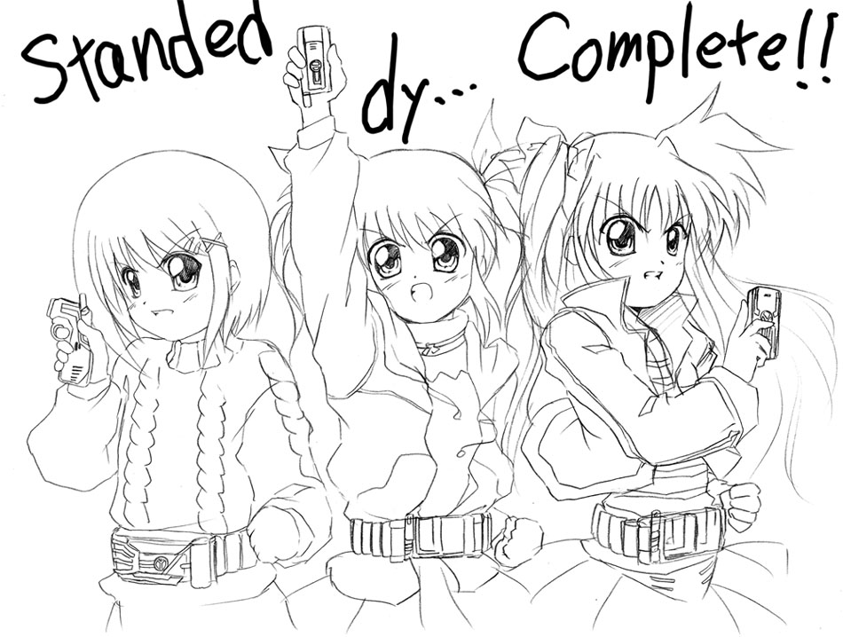 3girls clenched_hand english_text engrish_text fate_testarossa greyscale hair_ornament henshin jacket kamen_rider kamen_rider_555 kamen_rider_delta kamen_rider_faiz kamen_rider_kaixa lyrical_nanoha mahou_shoujo_lyrical_nanoha mahou_shoujo_lyrical_nanoha_a&#039;s monochrome multiple_girls open_clothes open_jacket parody ranguage takamachi_nanoha twintails x_hair_ornament yagami_hayate