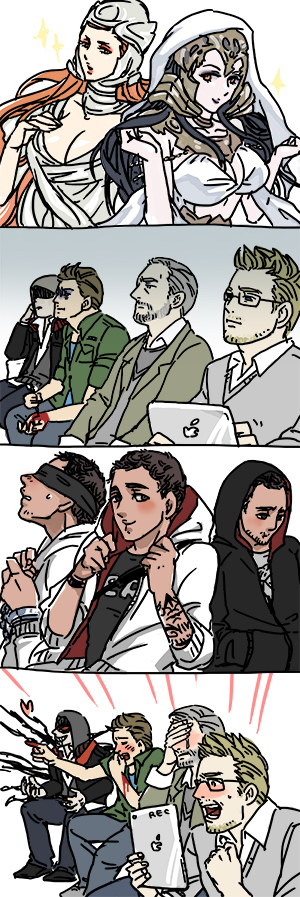 2girls 4koma 6+boys alex_mercer assassin&#039;s_creed assassin&#039;s_creed_(series) bad_id bad_pixiv_id beard blindfold blood blush bored clay_kaczmarek comic crossover desmond_miles excited facepalm facial_hair gaijin_4koma_(meme) hood hoodie ipad juno_(assassin&#039;s_creed) meme minerva_(assassin&#039;s_creed) multiple_boys multiple_girls nose_blush prototype_(game) scar scar_on_arm self-harm shaun_hastings stubble tablet_pc tattoo william_miles wrist_cutting yuki_(yuhzen)