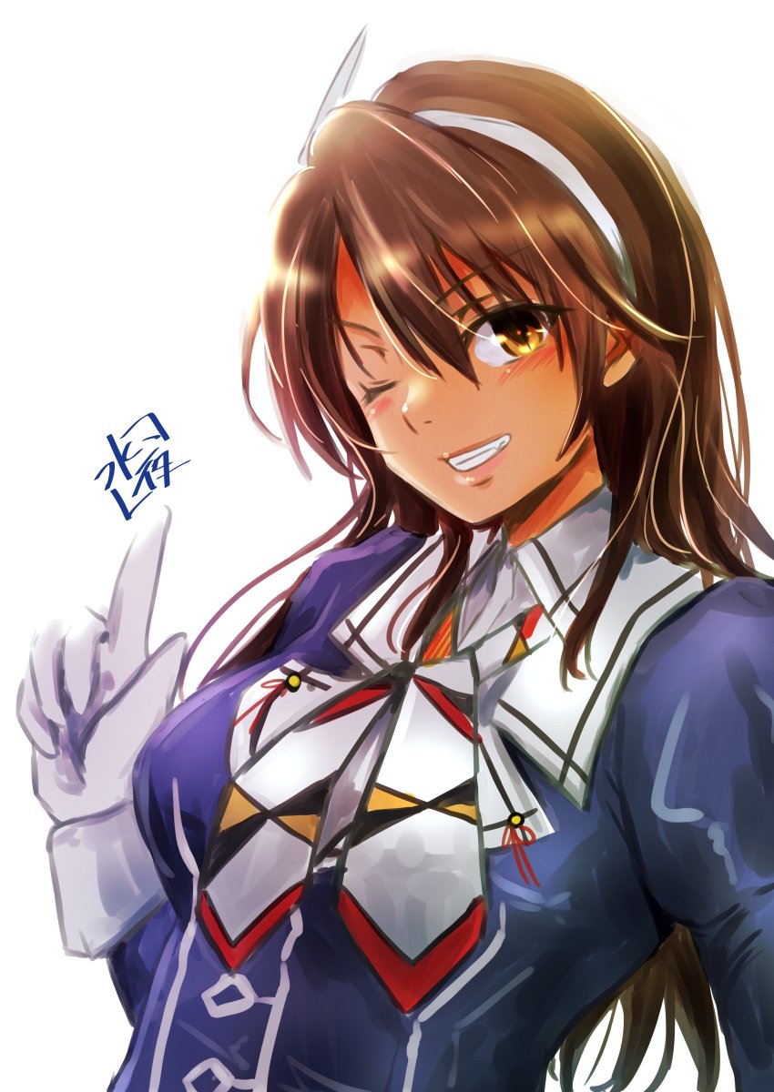 1girl ashigara_(kancolle) ashigara_kai_ni_(kancolle) blush breasts brown_eyes brown_hair gloves hair_between_eyes hairband highres jacket kantai_collection large_breasts long_hair long_sleeves looking_at_viewer military_uniform mizuya_chiharu neckerchief one_eye_closed purple_jacket smile solo upper_body wavy_hair white_background white_gloves white_hairband