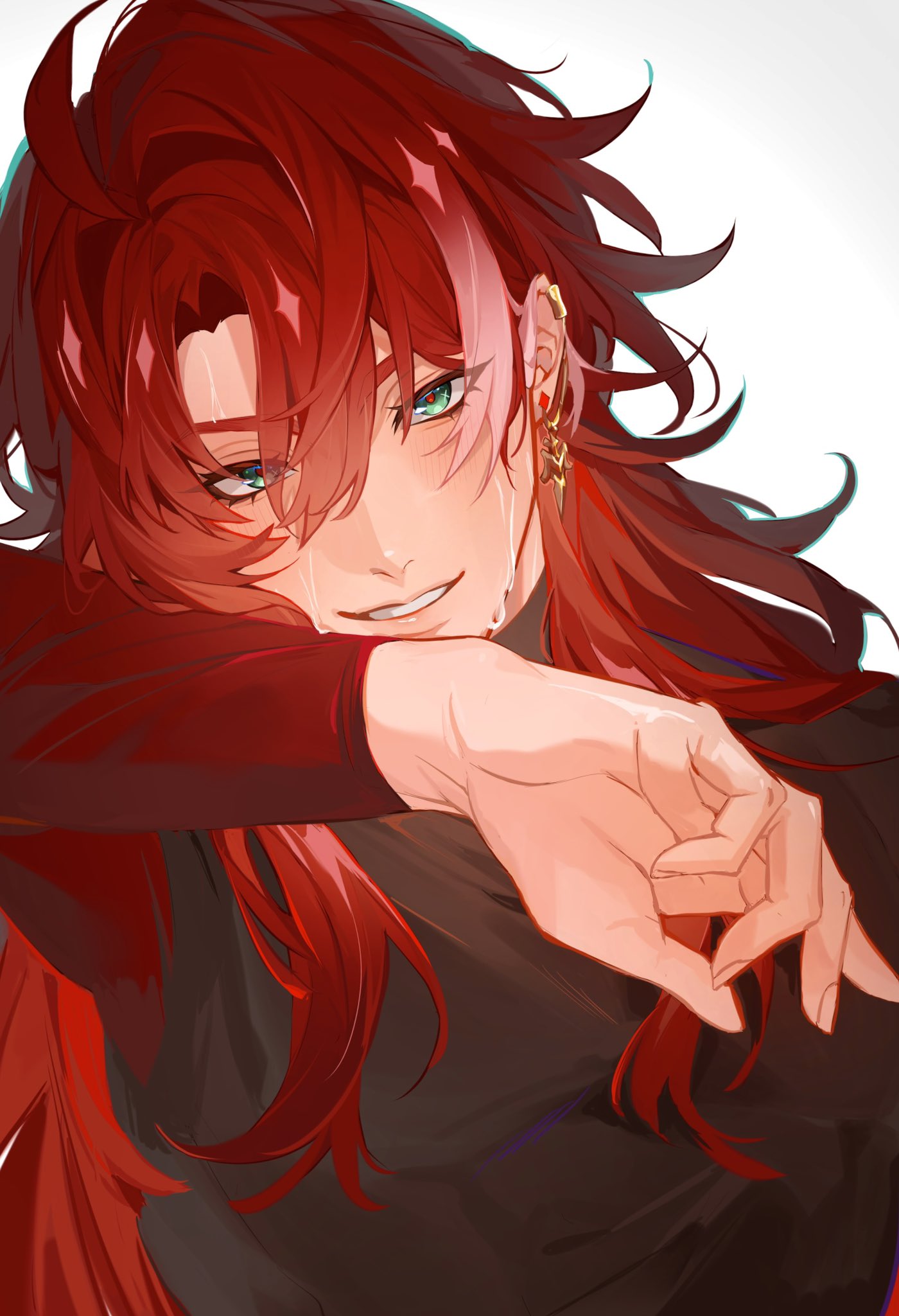 1boy aqua_eyes argenti_(honkai:_star_rail) arm_up black_shirt commentary curtained_hair ear_piercing earrings fingernails grin hair_between_eyes highres honkai:_star_rail honkai_(series) jewelry long_hair long_sleeves male_focus piercing red_hair samegorou_62 shirt simple_background smile solo sweat teeth upper_body white_background wiping_face