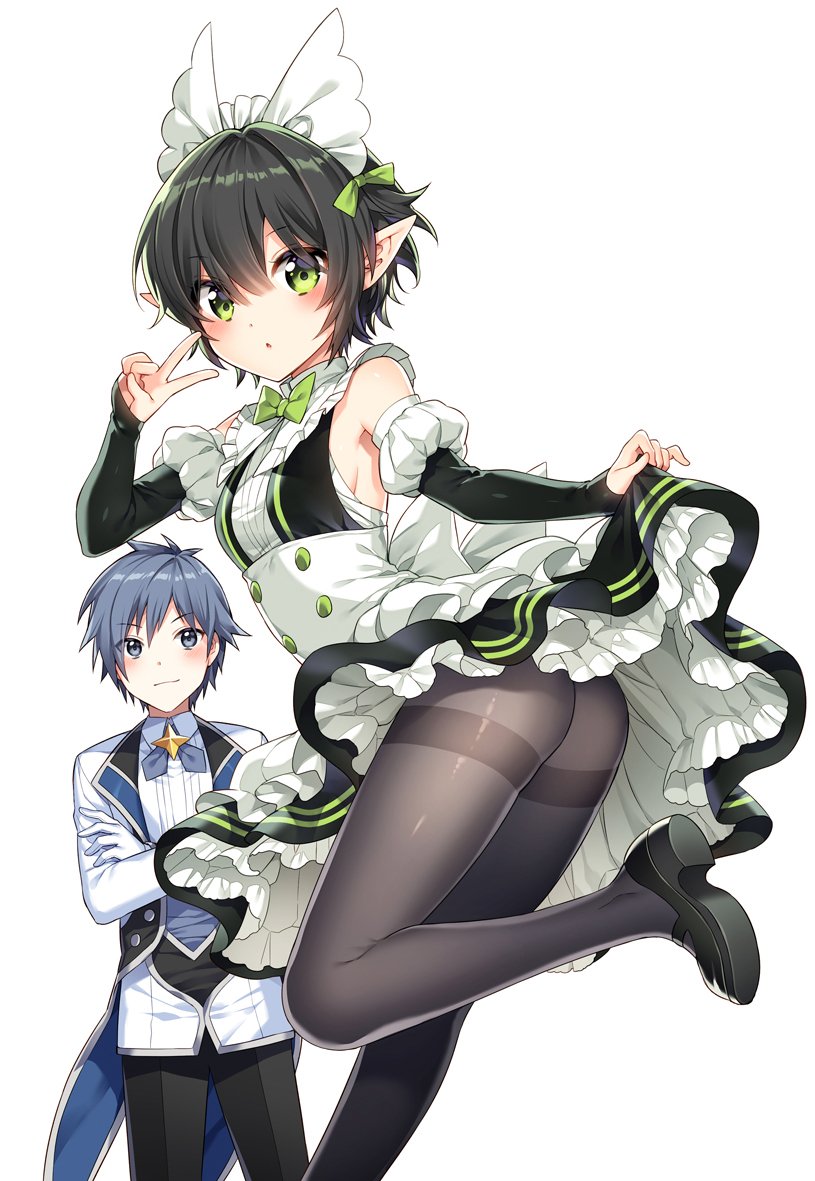 1boy 1girl armpits ass black_hair black_pants black_pantyhose bow bowtie clothes_lift cover cover_page crossed_arms detached_sleeves dress dress_shirt dress_shoes frilled_headwear green_eyes grey_eyes grey_hair jacket lifting_own_clothes looking_back lyuk_b_forest megami_ni_damasareta_ore_no_isekai_harem_seikatsu nardack novel_cover official_art pants pantyhose parted_lips pointy_ears saly_e_wolel shirt short_hair simple_background skirt skirt_lift sleeveless sleeveless_dress smile standing standing_on_one_leg v white_background white_jacket