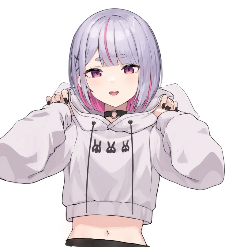 1girl black_choker black_nails cattleya_regina_games choker colored_inner_hair cropped_hoodie drawstring grey_hair hair_ornament hairpin holding_hoodie hood hood_down hoodie long_sleeves midriff multicolored_hair navel o-ring o-ring_choker open_mouth pink_eyes pink_hair short_hair simple_background sn_kaze solo streaked_hair thick_eyebrows tosaki_mimi tosaki_mimi_(3rd_costume) upper_body virtual_youtuber vspo! white_background white_hoodie