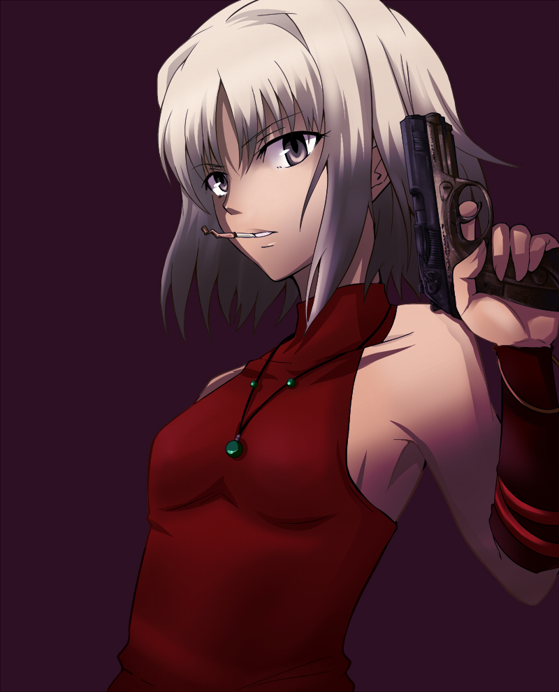 1girl 428 428:_fuusa_sareta_shibuya_de bad_id bad_pixiv_id beretta_px4_storm brown_eyes canaan_(character) canaan_(series) chunsoft female_focus gun handgun jewelry mouth_hold necklace pistol pokimari short_hair sleeveless sleeveless_turtleneck solo turtleneck weapon white_hair