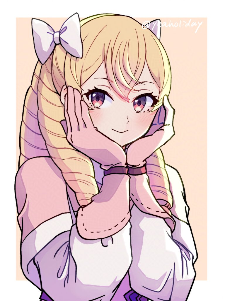 1girl blonde_hair blush bow capelet drill_hair fire_emblem fire_emblem_awakening gloves gogatsu_(yeaholiday) hair_bow hands_on_own_face long_hair looking_at_viewer maribelle_(fire_emblem) nintendo pink_capelet pink_eyes pink_gloves ringlets smile white_bow