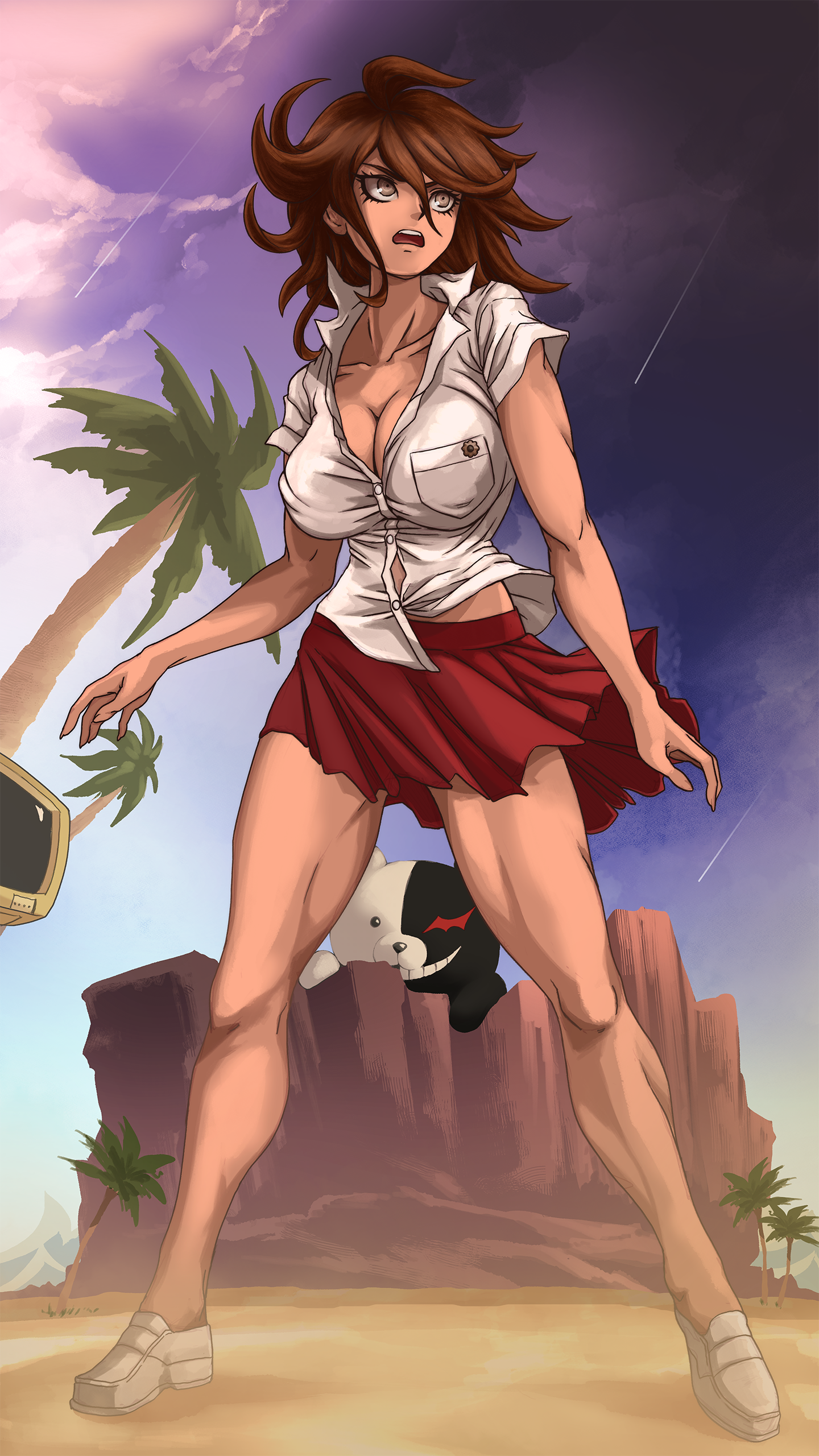 1girl absurdres ahoge beach breasts brown_eyes brown_hair cleavage collarbone danganronpa_(series) danganronpa_2:_goodbye_despair dark-skinned_female dark_skin female_focus full_body highres large_breasts long_hair monokuma open_mouth outdoors owari_akane palm_tree partially_unbuttoned plague_of_gripes plateau purple_sky red_skirt sand shirt shooting_star short_sleeves skirt sky solo_focus standing teeth television tree upper_teeth_only white_footwear white_shirt