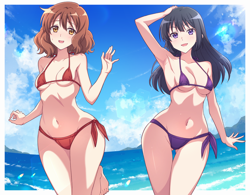 2girls arm_up armpits barefoot bikini black_hair blue_sky border breasts brown_eyes brown_hair cloud collarbone commentary_request day e20 gluteal_fold hand_on_own_head hand_up hibike!_euphonium kousaka_reina long_hair medium_breasts multiple_girls navel ocean oumae_kumiko outside_border purple_eyes second-party_source side-tie_bikini_bottom sky small_breasts standing stomach swimsuit thighs white_border