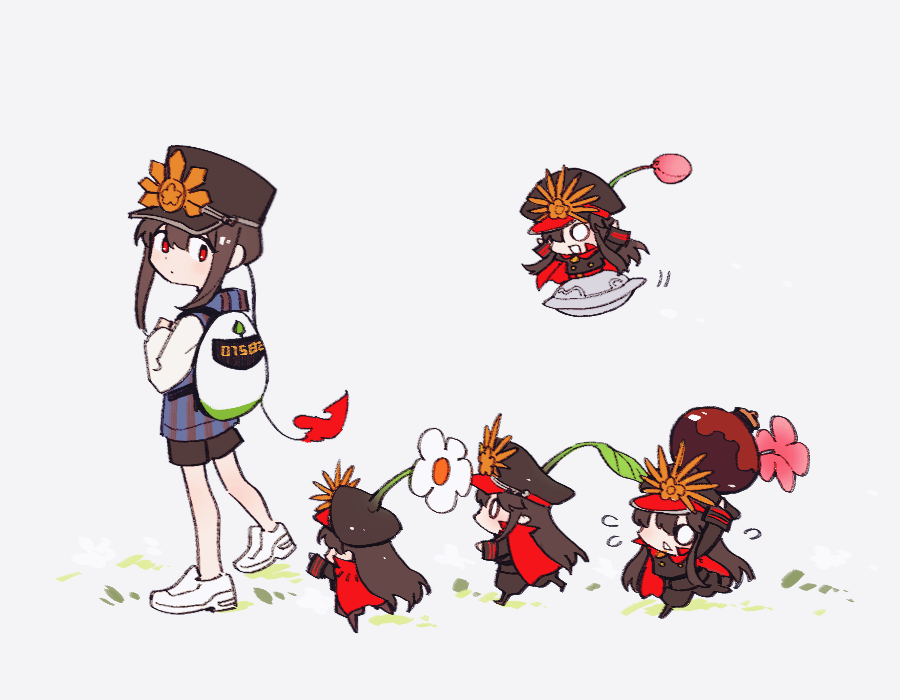 1boy 4girls :d arms_up backpack bag black_footwear black_hat black_jacket black_pants black_shorts blank_eyes bud buttons cape center-flap_bangs closed_mouth double-breasted fate/grand_order fate_(series) fiery_hair flower flying_sweatdrops hair_between_eyes hat holding_strap jacket jodhpurs keikenchi_(style) kepi koha-ace leaf letterman_jacket long_hair long_sleeves looking_at_another looking_back low_ponytail military_hat military_jacket military_uniform mini_nobu_(fate) motion_lines multiple_girls nintendo oda_nobukatsu_(fate) oda_nobunaga_(fate) on_grass one_eye_covered open_mouth outstretched_arms pants peaked_cap pikmin_(creature) pikmin_(series) pink_flower ponytail red_cape running sempon_(doppio_note) shorts sidelocks simple_background smile striped_clothes striped_jacket ufo vertical-striped_clothes vertical-striped_jacket walking white_background white_flower white_sneakers