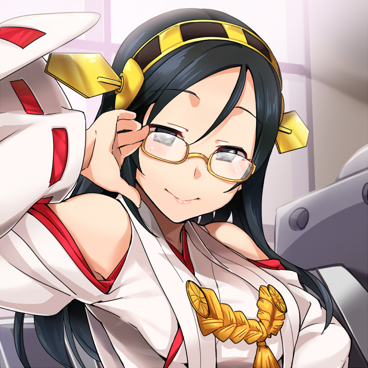 1girl adjusting_eyewear black_eyes black_hair blush cosplay detached_sleeves female_focus glasses haruichi_(komikal) headgear idolmaster idolmaster_cinderella_girls kantai_collection kirishima_(kancolle) kirishima_(kancolle)_(cosplay) long_hair looking_at_viewer machinery nontraditional_miko semi-rimless_eyewear smile solo trainer_(idolmaster) under-rim_eyewear upper_body window yellow-framed_eyewear yellow_theme