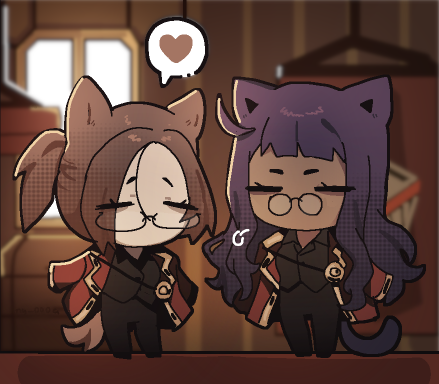 2girls andrea_(ny_000a) animal_ears black_pants black_shirt cat_ears cat_girl cat_tail chibi closed_eyes coat collared_shirt glasses heart indoors katriel_(project_moon) library_of_ruina long_hair multiple_girls ny_000a oc_x_canon original pants pince-nez project_moon purple_hair red_coat round_eyewear shirt sidelocks speech_bubble tail very_long_hair yuri