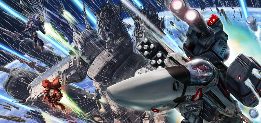 1980s_(style) 1boy armd armd-1 armor battle box_art cannon choujikuu_yousai_macross cockpit contrail damaged earth_(planet) epic fleet helmet ichijou_hikaru itano_circus jenius_maximilian jenius_milia macross macross:_do_you_remember_love? mecha meltrandi missile non-web_source nupetiet-vergnitzs official_art oldschool pilot_suit planet power_armor queadluun-rau quimeliquola realistic retro_artstyle robot science_fiction sdf-1 space spacecraft spacesuit storm_attacker tenjin_hidetaka u.n._spacy vehicle_focus vf-1 vf-1_strike vf-1s war zentradi