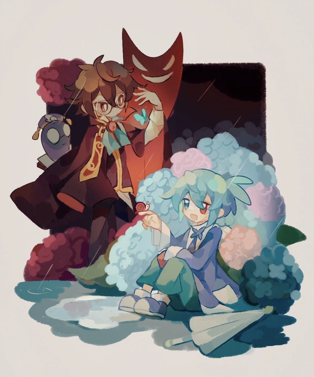 2boys :d birthday blue_coat blue_eyes blue_footwear blue_hair book border brown_eyes brown_hair bug butterfly cape closed_mouth coat flower full_body glasses green_pants hair_between_eyes heterochromia highres hydrangea insect klug_(puyopuyo) knees_up male_focus multiple_boys open_mouth outside_border pants ponytail puddle puyopuyo rain red_cape red_eyes red_flower red_vest round_eyewear shirt shoes short_hair sig_(puyopuyo) sitting smile snail standing strange_klug super_chair72 vest white_border white_shirt