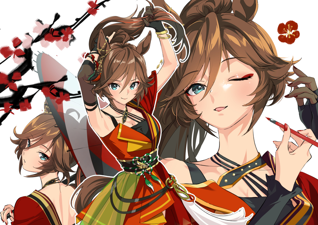 1girl ahoge animal_ears applying_makeup arms_up black_gloves breasts broom brown_hair cleavage closed_mouth commentary_request detached_sleeves dress ear_ornament eyeshadow gloves green_eyes hair_between_eyes holding holding_broom holding_own_hair holding_umbrella horse_ears horse_girl horse_tail long_hair looking_at_viewer makeup mr._c.b._(umamusume) multiple_views oil-paper_umbrella one_eye_closed open_mouth orange_dress ponytail red_dress red_nails sash single_detached_sleeve single_glove sleeveless sleeveless_dress small_breasts smile tail taromarun two-tone_dress tying_hair umamusume umbrella white_background wristband