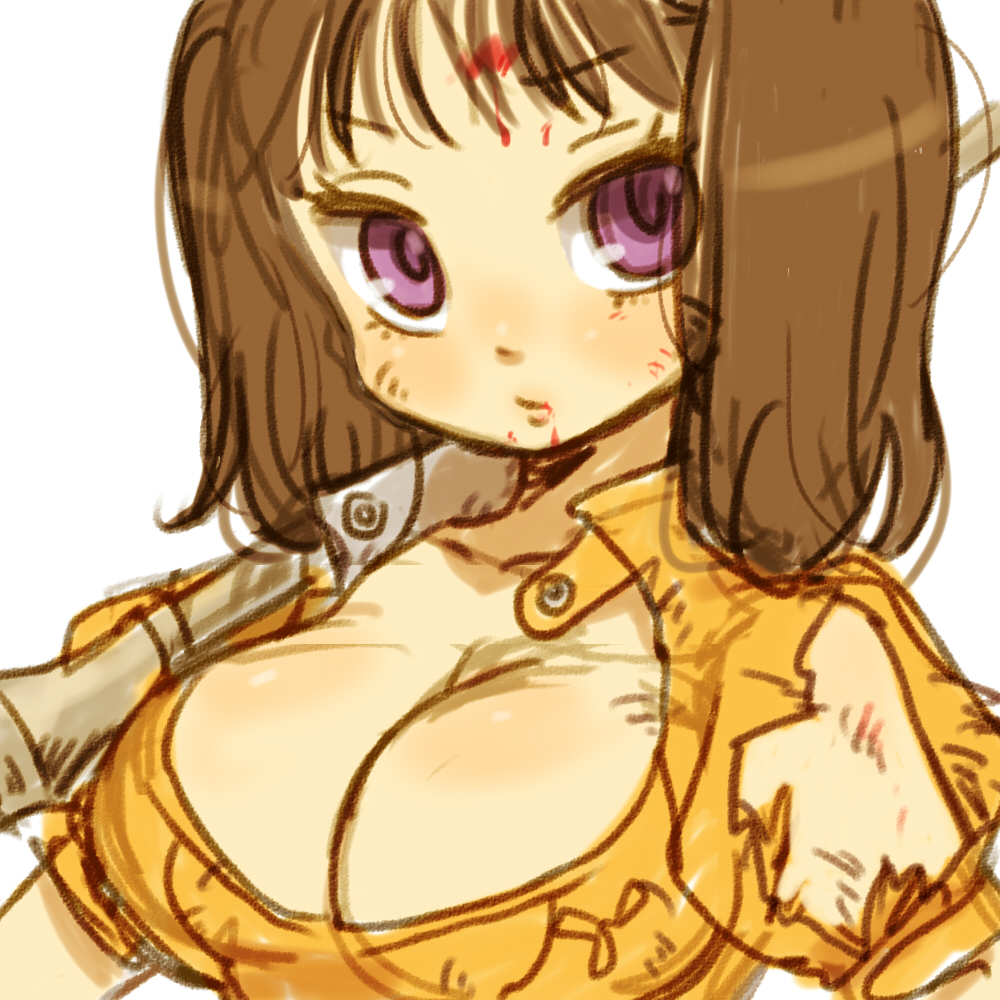 10s 1girl blood bodysuit breasts brown_hair cleavage diane_(nanatsu_no_taizai) eyelashes female_focus injury large_breasts long_hair looking_at_viewer nanatsu_no_taizai orange_shirt purple_eyes shirt sketch solo twintails yukke