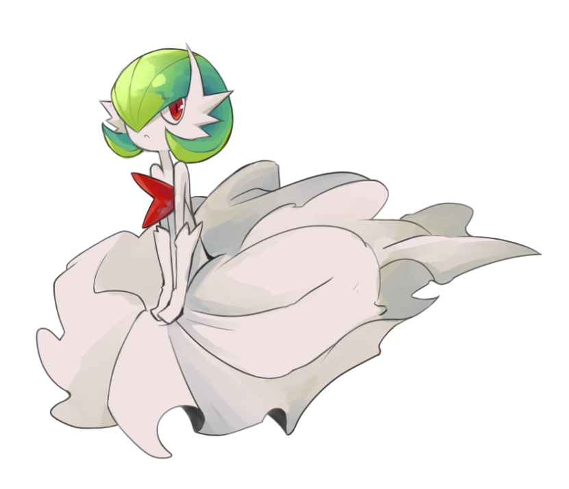 bob_cut dmt_(auburn) dress elbow_gloves gardevoir gen_3_pokemon gloves green_hair hair_over_one_eye looking_at_viewer mega_gardevoir mega_pokemon nintendo pokemon pokemon_(creature) red_eyes simple_background white_background white_dress white_gloves