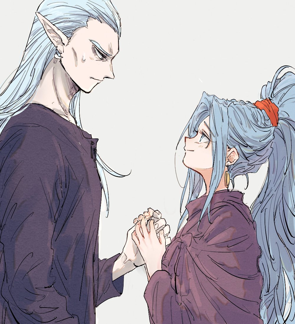 1boy 1girl amakekke blue_eyes brother_and_sister brown_robe chrono_trigger earrings gold_earrings grey_background hair_slicked_back hair_tie holding_hands jewelry light_blush long_hair long_sleeves looking_at_another magus_(chrono_trigger) parted_bangs robe schala_zeal siblings smile sweatdrop tooth_earrings upper_body