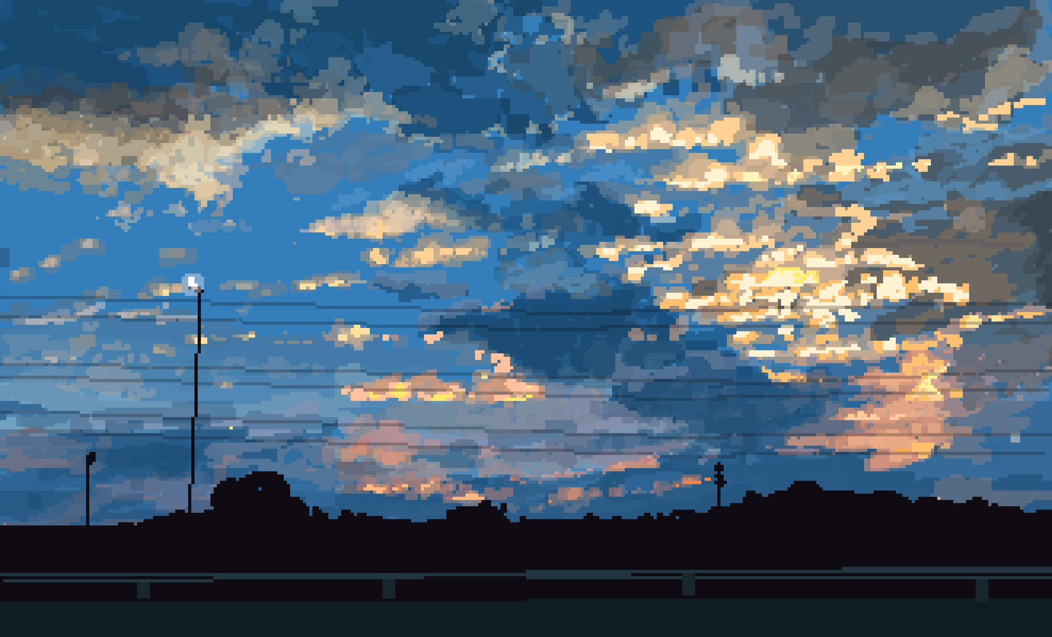 alarm_siren cloud cloudy_sky dark highres hisachan55cute mountainous_horizon no_humans original outdoors pixel_art power_lines railing scenery silhouette sky sunrise