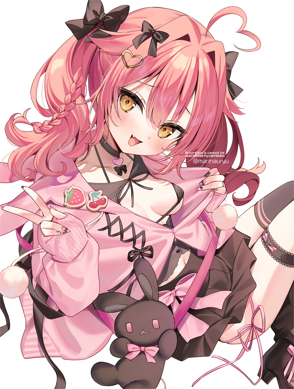 1girl :d ahoge bikini bikini_under_clothes black_bikini black_bow black_thighhighs blush bow breasts brown_shoes brown_skirt collarbone english_text fang hair_between_eyes hair_bow hair_intakes hair_ornament heart heart_ahoge heart_hair_ornament highres jacket long_hair long_sleeves medium_breasts nail_art nail_polish natsuki_marina navel open_clothes open_jacket open_mouth orange_eyes original pink_hair pink_jacket pleated_skirt puffy_long_sleeves puffy_sleeves shoes simple_background single_thighhigh skirt sleeves_past_wrists smile solo stuffed_animal stuffed_rabbit stuffed_toy swimsuit thighhighs twintails twitter_username v watermark white_background