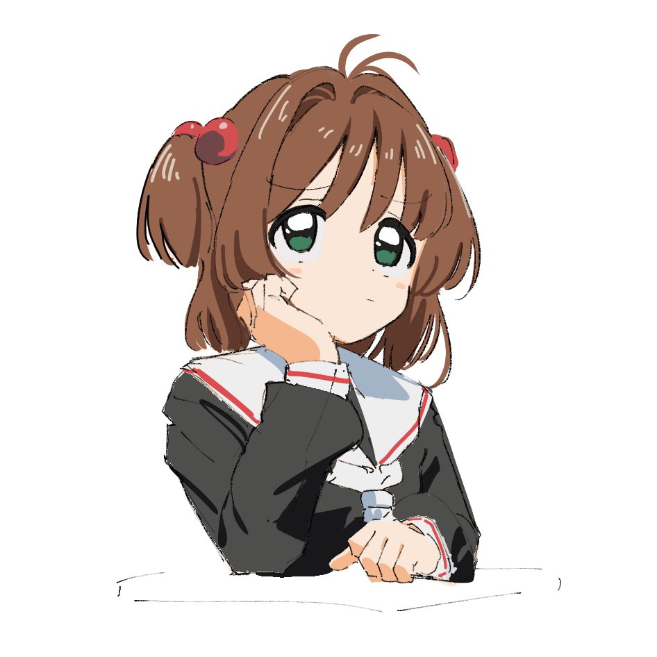 1girl antenna_hair black_shirt brown_hair cardcaptor_sakura child green_eyes hair_bobbles hair_ornament kinomoto_sakura osakana_(kitasisn) sailor_collar school_uniform shirt short_twintails simple_background solo thinking tomoeda_elementary_school_uniform twintails upper_body white_background white_sailor_collar