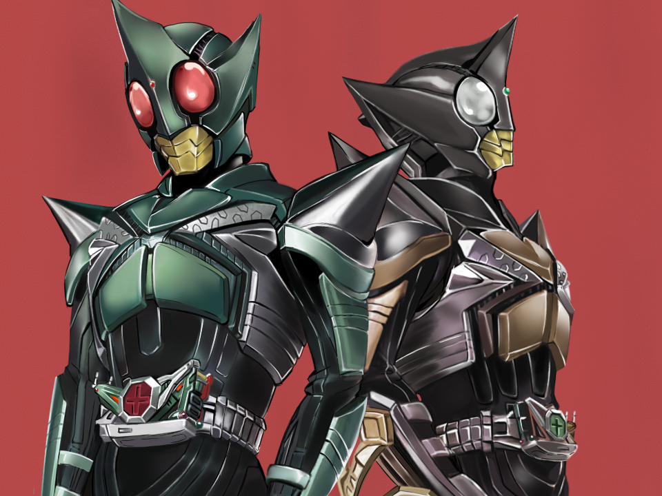 2boys belt bodysuit helmet k@non kamen_rider kamen_rider_kabuto_(series) kamen_rider_kick_hopper kamen_rider_punch_hopper male_focus multiple_boys red_background red_eyes simple_background upper_body