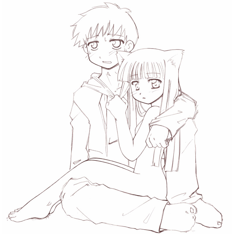 1boy 1girl animal_ears barefoot blush cat_ears clothed_male_nude_female clothes_grab collar_grab feet greyscale hetero hug koi_neko koineko long_hair monochrome nao neckwear_grab nude sakurabashi_nao sakurazaki_nao sige sitting sitting_on_lap sitting_on_person takaoka_shinta