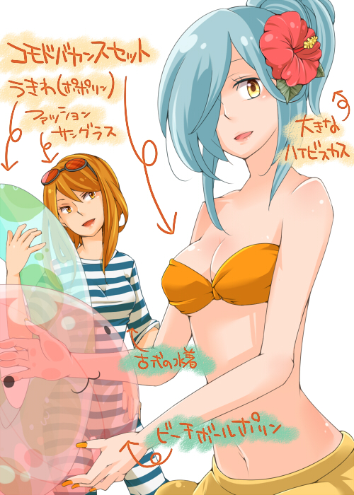 2girls :3 bikini blue_hair breasts brown_eyes brown_hair cleavage commentary_request cowboy_shot flower goggles goggles_on_head hair_bun hair_flower hair_ornament hair_over_one_eye hibiscus looking_at_viewer medium_breasts medium_hair mere_(enya) multiple_girls navel old-fashioned_swimsuit one-piece_swimsuit open_mouth orange_bikini poring ragnarok_online red_flower short_hair short_sleeves simple_background single_hair_bun slime_(creature) smile striped_clothes striped_one-piece_swimsuit swimsuit translation_request white_background yellow_eyes
