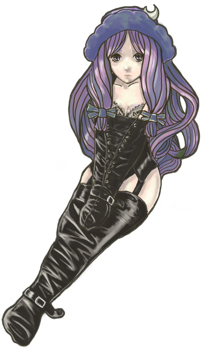1girl armbinder bdsm bondage bound bound_arms corset female_focus leather legbinder long_hair pale_skin patchouli_knowledge purple_hair ryu_(gaquarium) solo thighhighs touhou