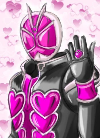 1boy armor bad_id bad_pixiv_id coat heart heart_background helmet jewelry kamen_rider kamen_rider_wizard kamen_rider_wizard_(series) male_focus mask masked masked_male overcoat pink_armor pink_eyes ring wrist_cuffs