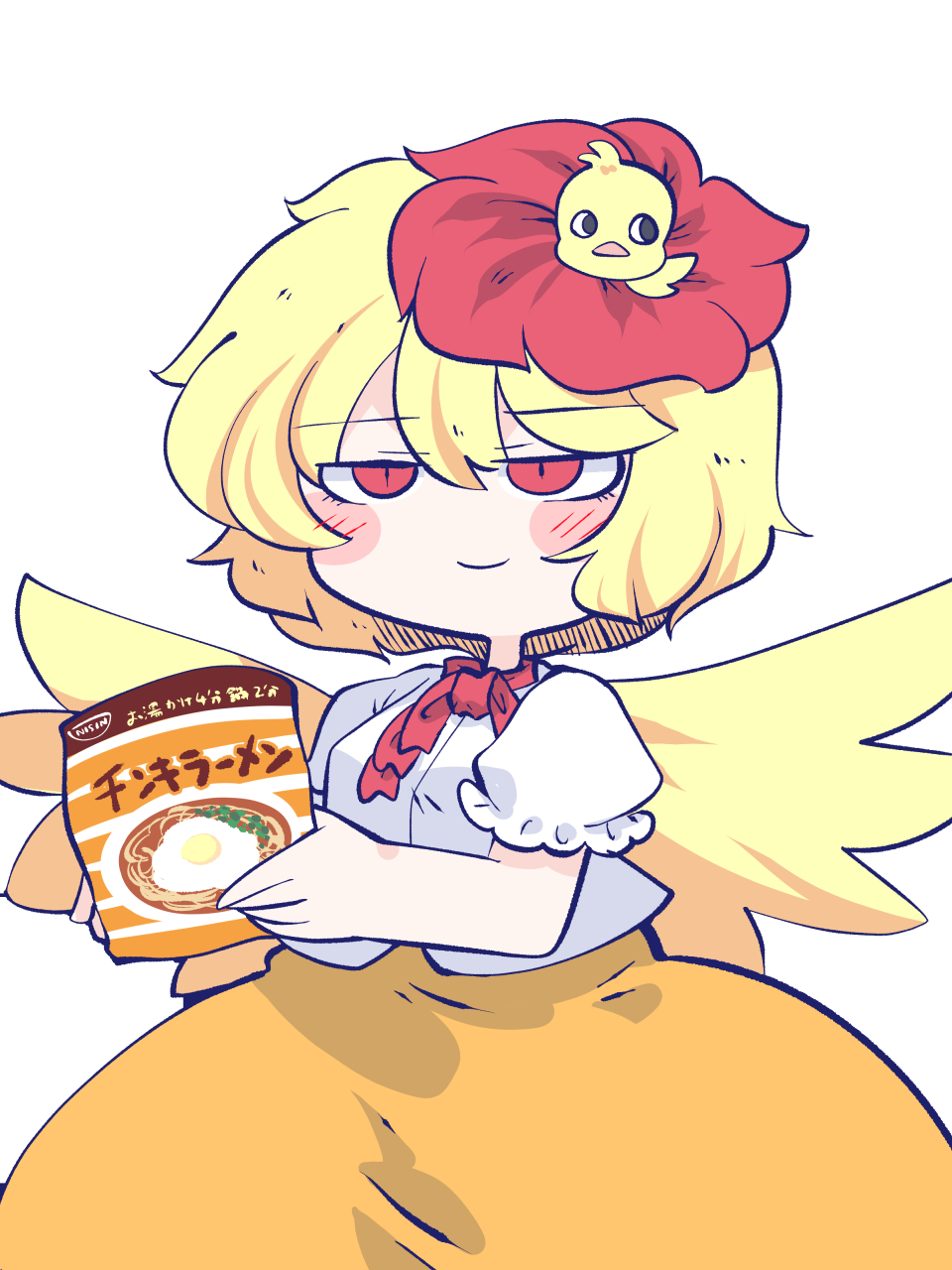 1girl animal animal_on_head bird bird_on_head bird_wings blonde_hair blush_stickers chahan_(fried_rice0614) chick closed_mouth dress feathered_wings hair_between_eyes highres hiyoko-chan holding multicolored_hair nissin nissin_chicken_ramen niwatari_kutaka on_head orange_dress pack_noodles red_eyes shirt short_hair short_sleeves simple_background solo touhou two-tone_hair white_background white_shirt wings yellow_wings
