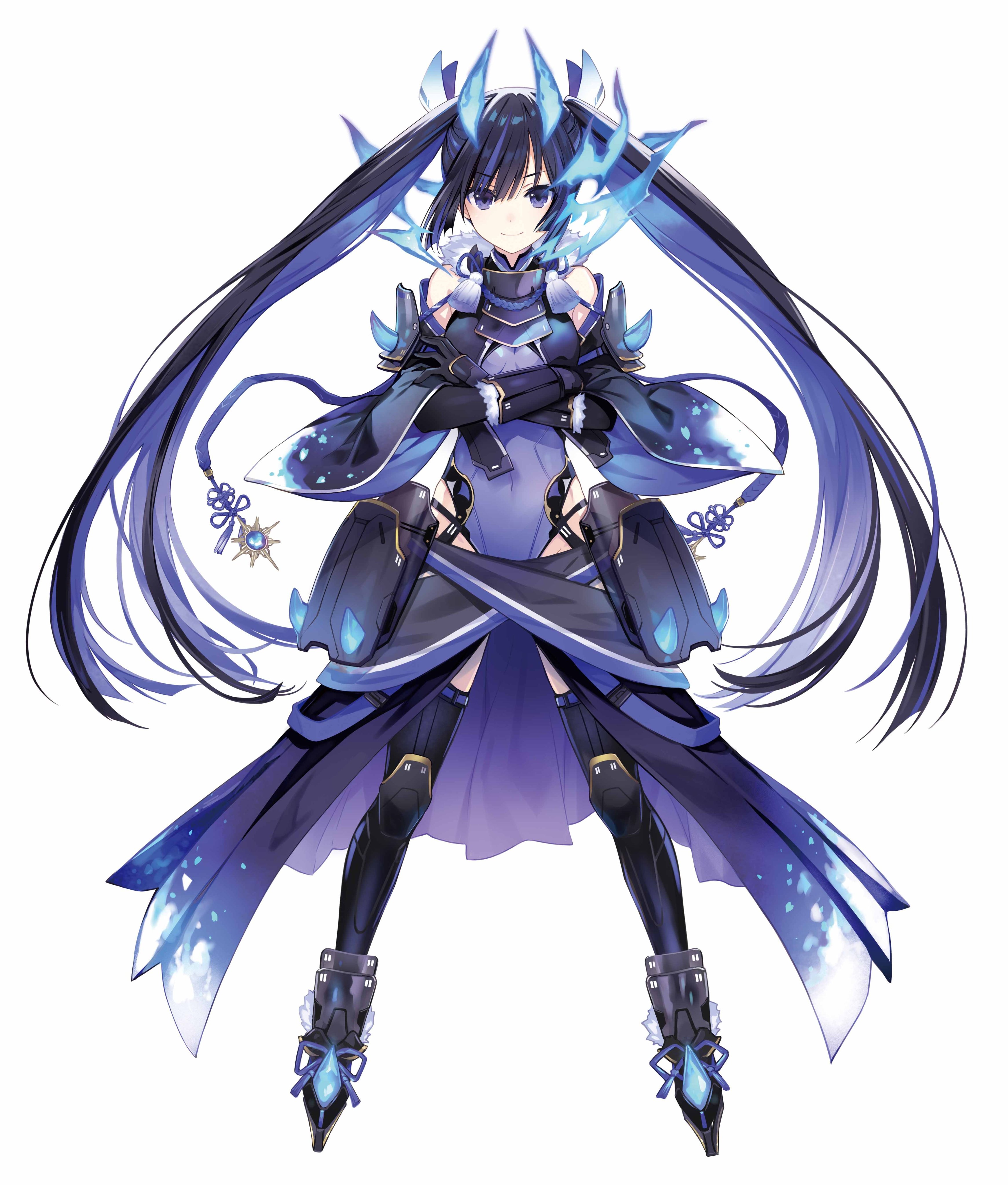 absurdres black_hair bodysuit boots colored_inner_hair fuyajou_ruri highres latex leotard long_hair multicolored_hair multiple_tails novel_illustration official_art ou-sama_no_propose purple_bodysuit purple_eyes purple_hair purple_leotard skin_tight split-color_hair tail thigh_boots thighhighs tsunako twintails two-tone_hair two_side_up