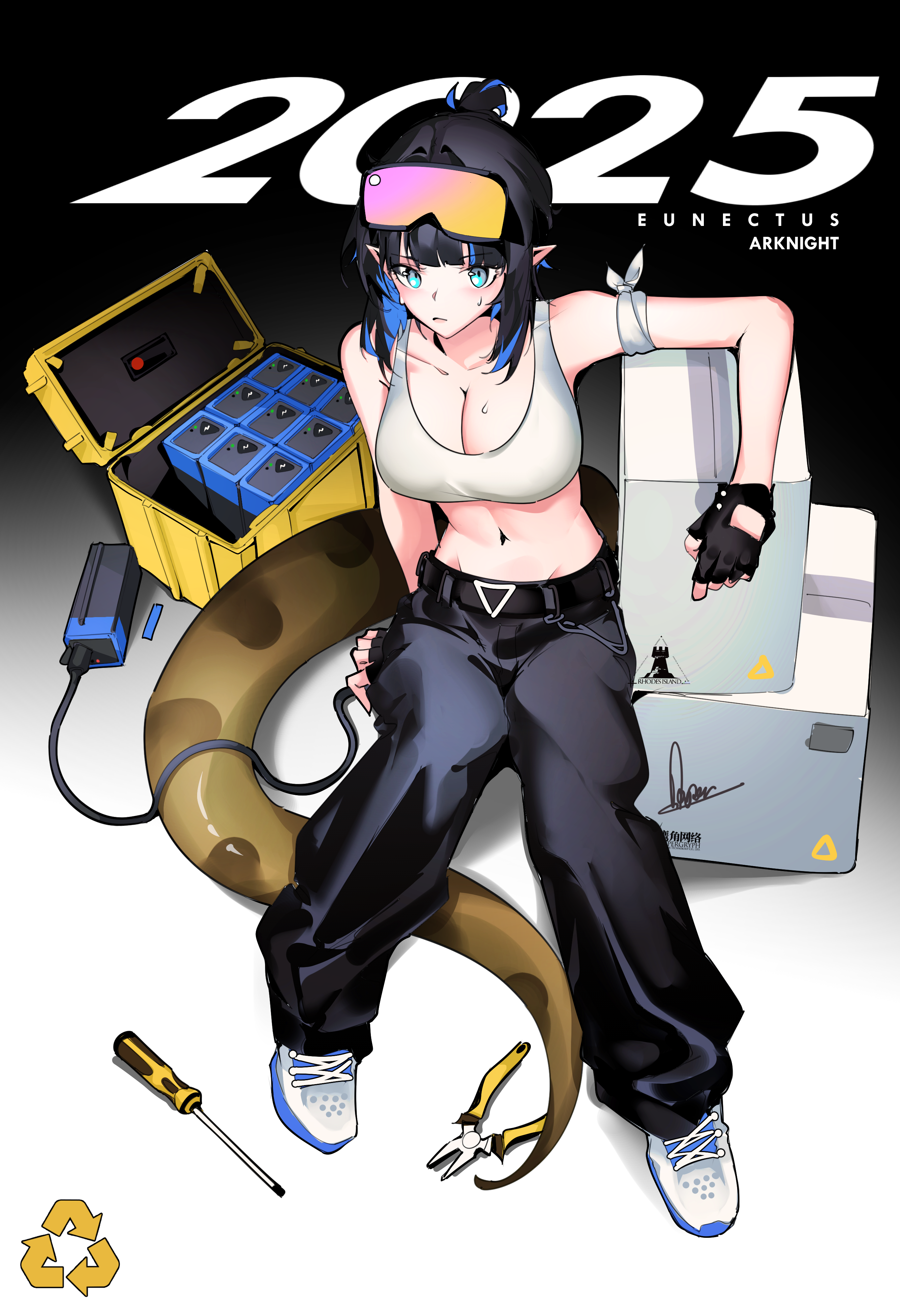 1girl 2025 absurdres aqua_eyes arknights arrow_(symbol) bare_shoulders black_gloves black_hair black_pants blue_hair breasts brown_tail character_name cleavage closed_mouth collarbone copyright_name crop_top eunectes_(arknights) fingerless_gloves full_body gloves highres khrnnfz large_breasts looking_at_viewer midriff navel pants pointy_ears recycling_symbol rhodes_island_logo_(arknights) screwdriver short_hair sitting solo sports_bra tail white_sports_bra