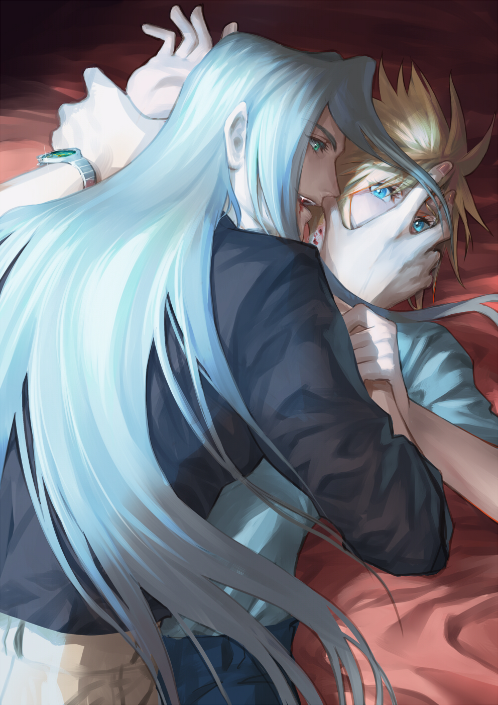 2boys alternate_universe black_shirt blonde_hair blood blood_from_mouth blue_eyes cloud_strife covering_another&#039;s_mouth eilinna fang final_fantasy final_fantasy_vii green_eyes grey_hair hand_on_another&#039;s_arm hand_over_another&#039;s_mouth highres holding long_bangs long_hair long_sleeves lying male_focus multiple_boys on_back on_bed pants pinned sephiroth shirt short_hair smile spiked_hair vampire watch wristwatch yaoi