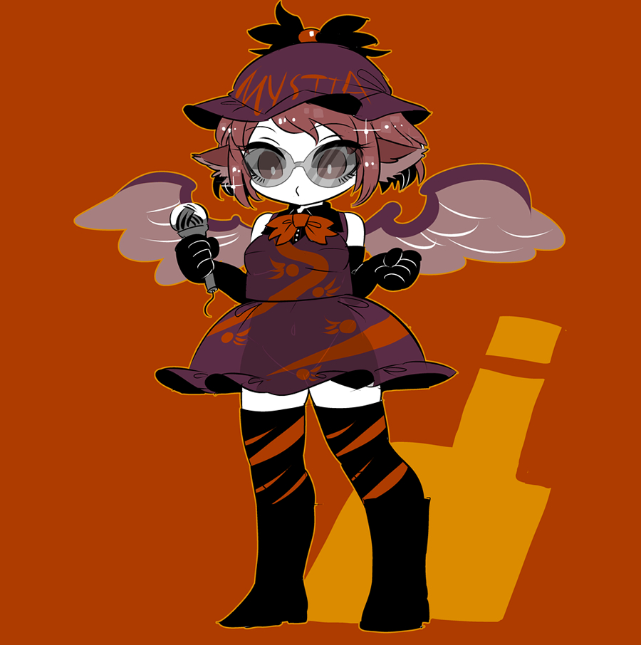 1girl animal_ears bird_ears bird_wings black_boots black_gloves black_thighhighs boots brown_dress brown_eyes brown_hat clothes_writing dress elbow_gloves gloves hat holding holding_microphone knee_boots microphone mystia_lorelei orange_background pink_hair short_hair solo sunglasses thighhighs touhou white_wings winged_hat wings yt_(wai-tei)