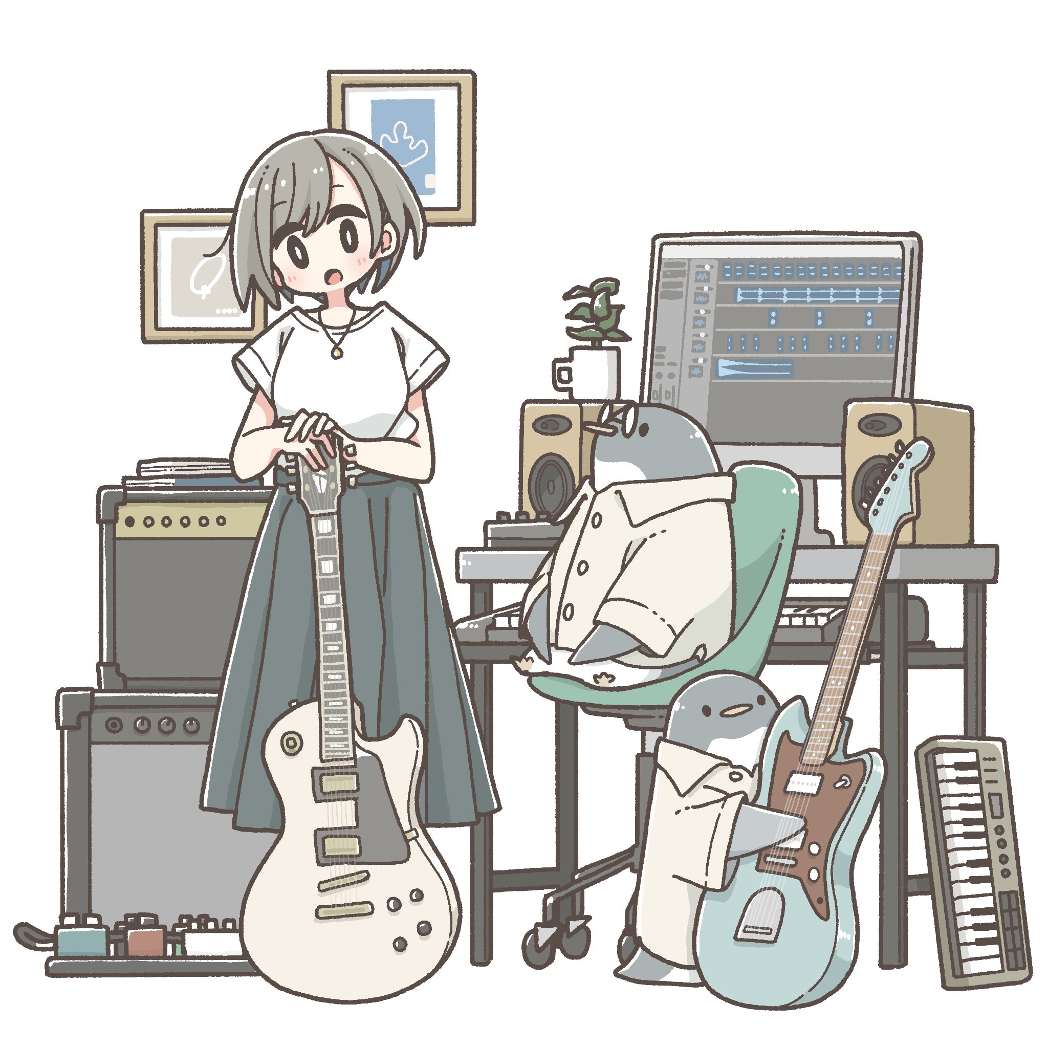 1girl amplifier bird brown_hair east_sha2 glasses guitar highres holding holding_instrument instrument jewelry keyboard_(instrument) long_skirt looking_at_viewer monitor necklace original penguin round_eyewear shirt skirt solo speaker white_shirt