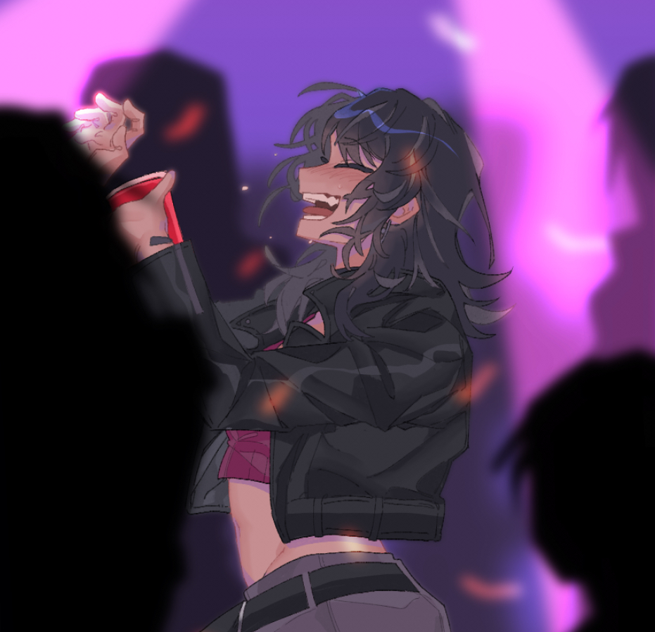 1girl 4others bang_dream! bang_dream!_it&#039;s_mygo!!!!! black_jacket ceruleumblue closed_eyes commentary cup dancing earrings english_commentary hands_up holding holding_cup jacket jewelry long_sleeves midriff multiple_others nisekao_(yama) open_mouth red_shirt shirt smile solo_cup tongue tongue_out yahata_umiri