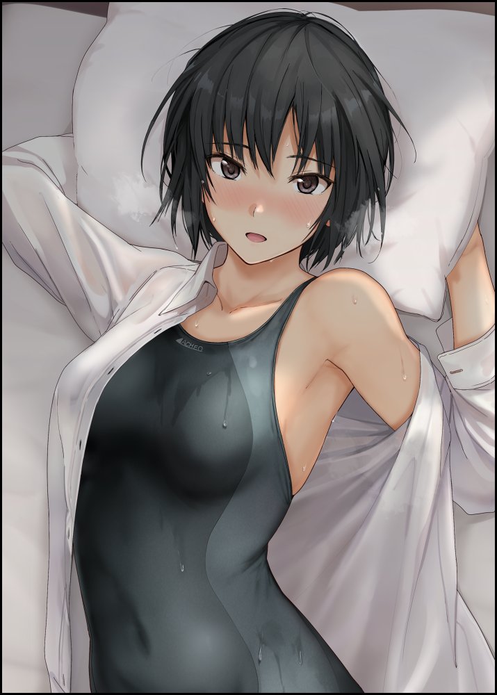 1girl amagami bare_shoulders black_eyes black_hair black_one-piece_swimsuit blouse blush bob_cut breasts breath brown_eyes closed_mouth collarbone competition_swimsuit covered_navel dress_shirt hair_between_eyes holding holding_pillow large_breasts long_sleeves looking_at_viewer medium_breasts mobu nanasaki_ai nose_blush off_shoulder one-piece_swimsuit open_clothes open_shirt parted_lips pillow shirt short_hair simple_background solo standing steam swimsuit swimsuit_under_clothes upper_body water_drop wet wet_clothes wet_hair wet_swimsuit white_background white_shirt