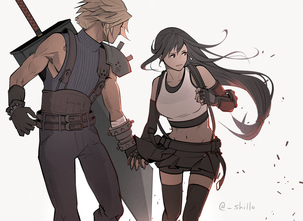 1boy 1girl armor bare_shoulders belt belt_buckle bike_shorts bike_shorts_under_skirt black_gloves black_hair black_skirt black_thighhighs blonde_hair breasts buckle buster_sword cloud_strife commentary crop_top debris feet_out_of_frame final_fantasy final_fantasy_vii final_fantasy_vii_remake floating_hair gloves groin hashtag-only_commentary holding_hands large_breasts long_hair looking_at_another looking_back low-tied_long_hair midriff miniskirt multiple_belts navel ribbed_sweater shillo short_hair shoulder_armor simple_background single_bare_shoulder skirt sleeveless sleeveless_turtleneck spiked_hair suspender_skirt suspenders sweater sword sword_on_back tank_top thighhighs tifa_lockhart turtleneck turtleneck_sweater twitter_username weapon weapon_on_back white_tank_top wind