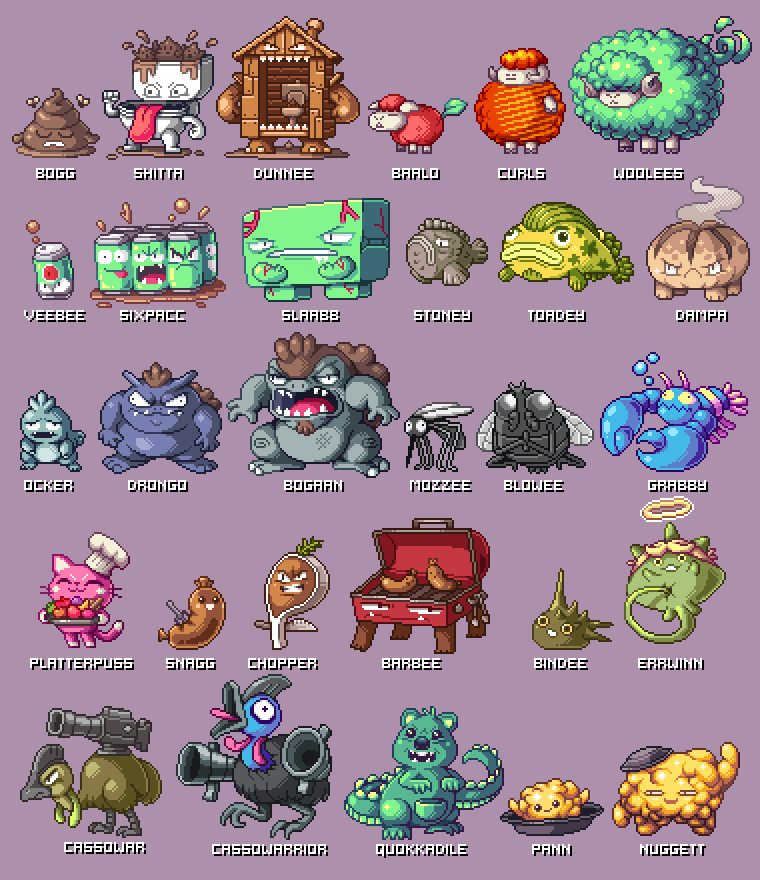 barbecue beer_can bug can cassowary cat drink_can fish fly food gun halo insect mosquito nintendo original outhouse paul_robertson pixel_art pokemon pokemon_(creature) poop sausage sheep stingray toilet tongue weapon