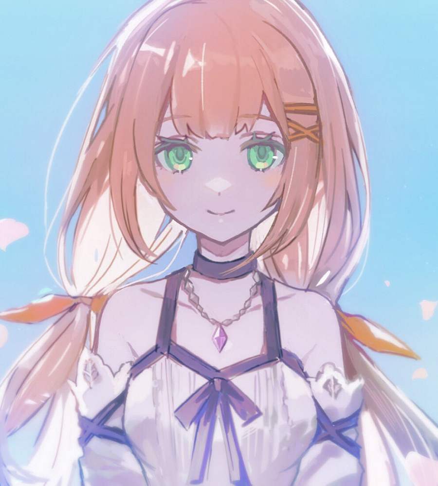 1girl bare_shoulders black_choker blue_background choker closed_mouth collarbone commentary_request detached_sleeves dress green_eyes hair_ribbon jewelry kingdom_hearts kingdom_hearts_x long_hair looking_at_viewer miichinori necklace orange_hair orange_ribbon ribbon simple_background smile solo strelitzia_(kingdom_hearts) twintails very_long_hair white_dress