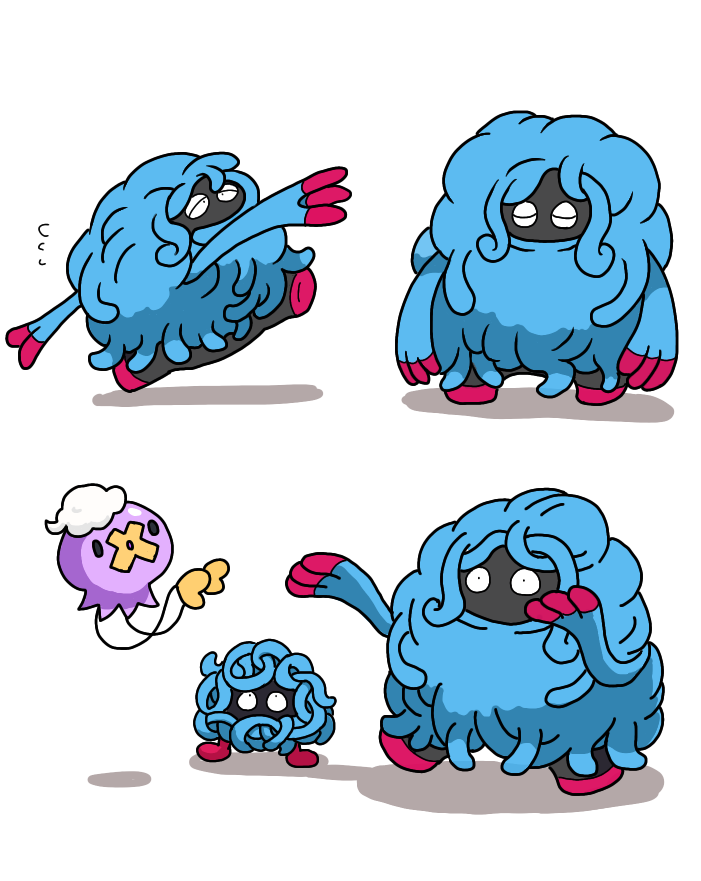 artist_request creature driblee evolutionary_line full_body gen_1_pokemon gen_4_pokemon head_wreath looking_at_another nintendo no_humans plant plant_monster pokedex_number pokemon pokemon_(creature) standing tangela tangrowth tentacles walking