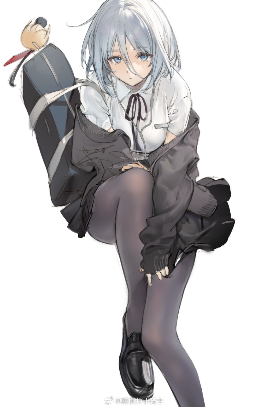 1girl azur_lane bag bag_charm bismarck_(azur_lane) black_bag black_pantyhose black_ribbon black_shoes black_skirt blue_eyes cardigan character_charm charm_(object) collared_shirt earphones grey_cardigan grey_hair hair_between_eyes highres kurumi_(recycllamo) loafers looking_at_viewer neck_ribbon off_shoulder pantyhose pleated_skirt ribbon school_bag school_uniform shirt shoes shoulder_bag simple_background skirt solo tirpitz_(azur_lane) watermark weibo_watermark white_background white_shirt
