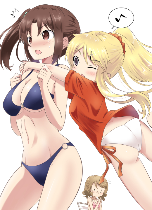 10s 3girls bikini black_eyes blonde_hair brown_eyes brown_hair hair_ornament hairclip hug ishizu_kayu karasuma_sakura kin-iro_mosaic kujou_karen kuzehashi_akari long_hair multiple_girls o-ring o-ring_bottom o-ring_top ponytail side_ponytail simple_background swimsuit x_hair_ornament