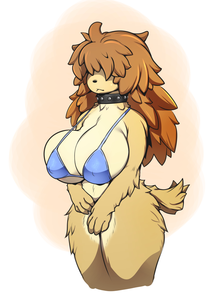 1girl :&lt; animal_nose bikini body_fur breasts brown_hair collar covered_erect_nipples cropped_legs dog_girl dog_tail furry furry_female hair_over_eyes j7w large_breasts long_hair messy_hair original solo standing studded_collar swimsuit tail thighs undersized_breast_cup