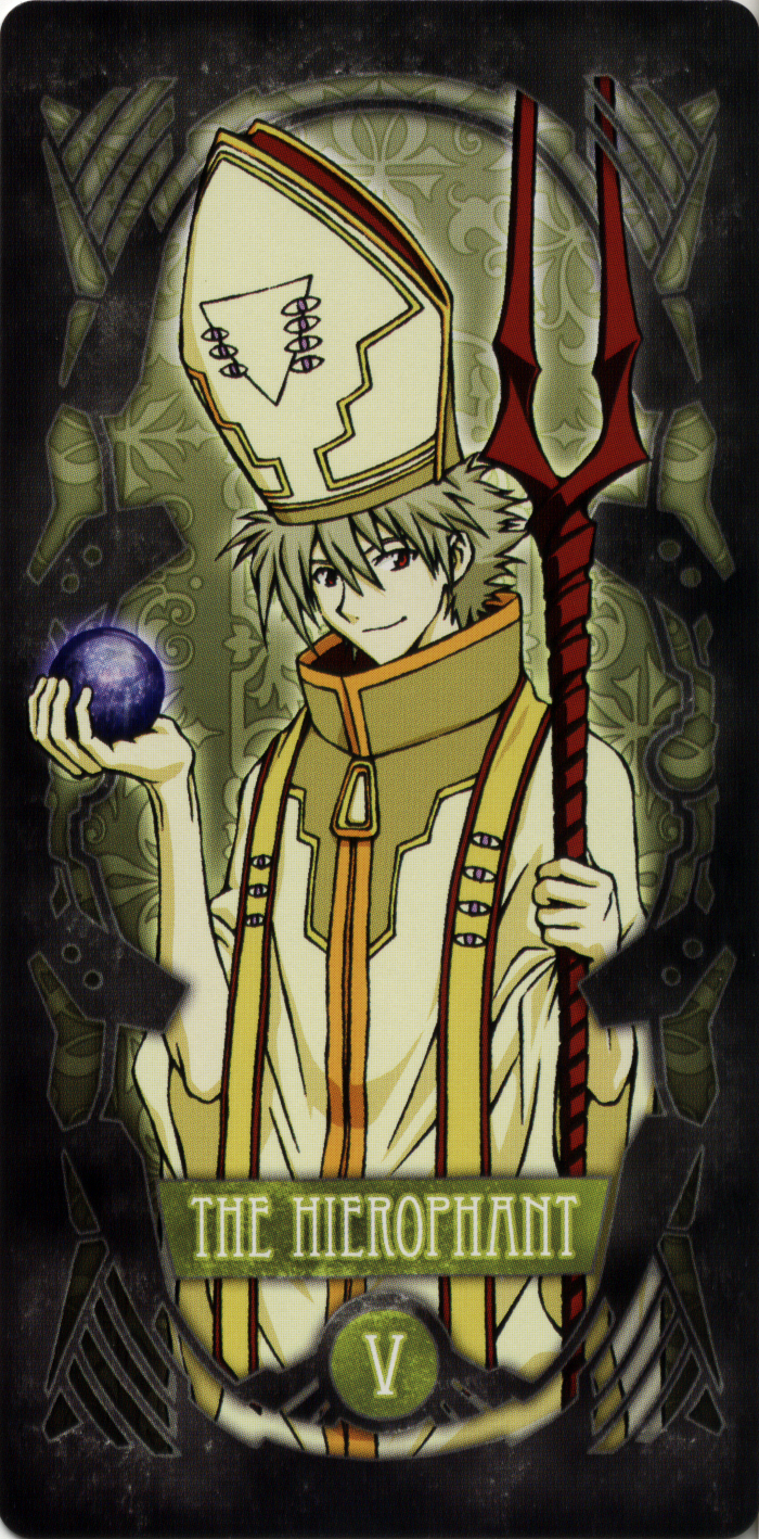 1boy artist_request bident black_moon black_moon_lilith blade card_(medium) collar drawn_on_eyes hair_between_eyes hat highres holding holding_orb holding_polearm holding_weapon lance lance_of_longinus_(evangelion) looking_at_viewer male_focus mitre moon nagisa_kaworu neon_genesis_evangelion non-web_source polearm pope red_eyes robe scan scan_artifacts short_hair solo source_request spear tarot tarot_(medium) the_hierophant_(tarot) weapon white_hair