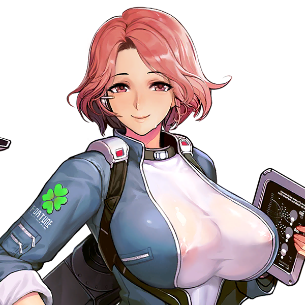 1girl bodysuit breasts character_name closed_mouth clover_print covered_erect_nipples eyelashes female_focus forehead fortune_(last_origin) game_cg harness headset high_collar holding holding_tablet_pc huge_breasts jumpsuit last_origin lips looking_at_viewer mechanic official_art open_clothes open_jumpsuit parted_bangs pink_eyes pink_hair see-through_clothes short_hair sima_(startwitch) three-quarter_sleeves sleeves_rolled_up smile sweatdrop tablet_pc tight_clothes transparent_background upper_body