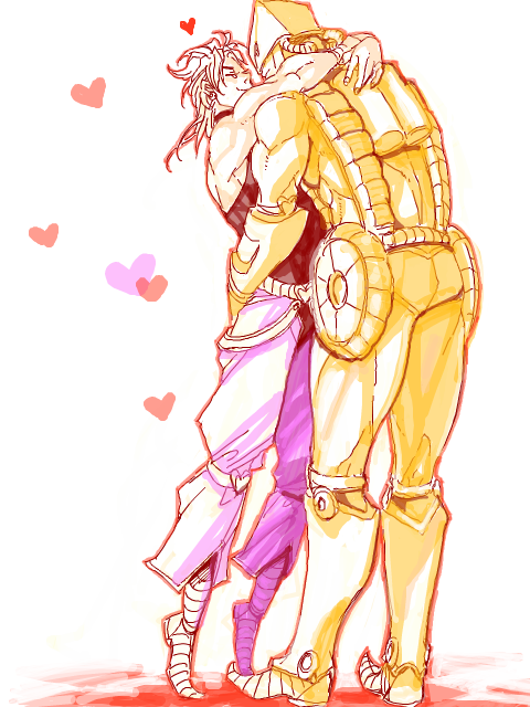 2boys dio_brando heart heart-shaped_pupils heart_kneepads height_difference hug jojo_no_kimyou_na_bouken male_focus merumeru626 multiple_boys pointy_footwear stand_(jojo) stardust_crusaders symbol-shaped_pupils tegaki the_world