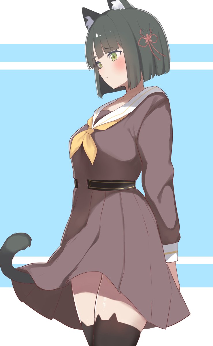 1girl alternate_legwear animal_ear_fluff animal_ear_legwear animal_ears black_hair black_thighhighs blue_background blunt_bangs blunt_ends blush bob_cut breasts brown_dress cat_ear_legwear cat_ears cat_tail closed_mouth collarbone commentary cowboy_shot dress embarrassed flower flower_knot green_eyes hair_flower hair_ornament hasu_no_sora_school_uniform kemonomimi_mode large_breasts link!_like!_love_live! long_sleeves love_live! momose_ginko neckerchief pink_flower pleated_dress sailor_collar sailor_dress school_uniform short_dress short_hair simple_background solo soyo1558686 standing tail thighhighs virtual_youtuber white_sailor_collar winter_uniform yellow_neckerchief