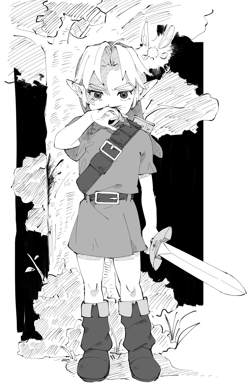 1boy belt_buckle blood boots buckle full_body greyscale hand_to_own_mouth hat highres holding holding_sword holding_weapon kokiri_sword link looking_at_viewer monochrome navi nintendo nosebleed parted_bangs pointy_ears scabbard sheath short_hair shoulder_belt solo standing sword the_legend_of_zelda the_legend_of_zelda:_ocarina_of_time tree tunic weapon yamori_(yamoooon21) young_link