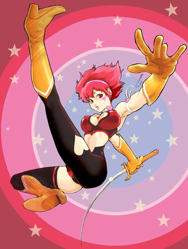 00s 1girl ass breasts cleavage cleavage_cutout clothing_cutout covered_erect_nipples cutie_honey cutie_honey_(character) female_focus gloves heart heart_cutout kisaragi_honey large_breasts magical_girl re:_cutie_honey red_hair solo sword takeshi weapon